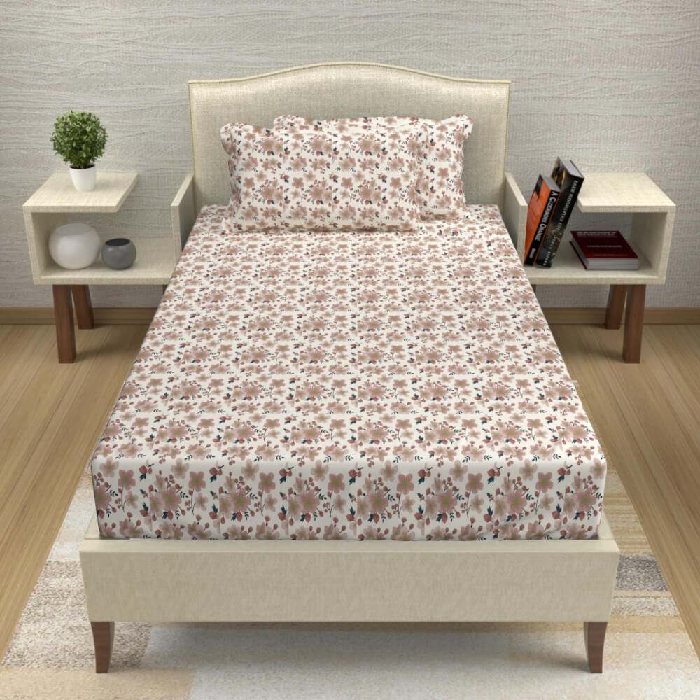 buy floral brown cotton single bed bedsheets online – side view